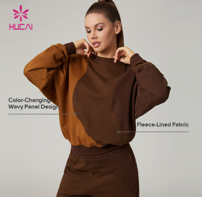HUCAI Custom Women's High Quality 100% Cotton Color-Changing Wavy Panel Fleece Sweatshirt