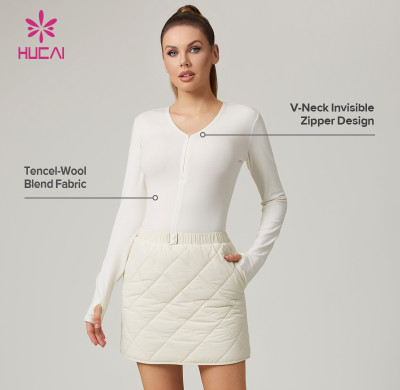 HUCAI Custom V-Neck Wool Blend Ribbed Women's Sports Long sleeved with Invisible Zipper