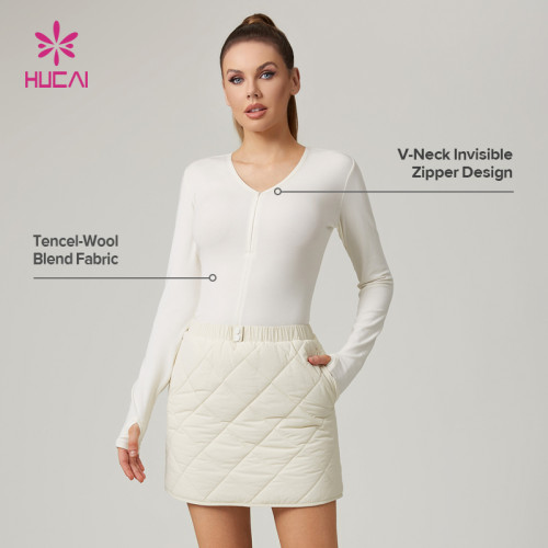 HUCAI Custom V-Neck Wool Blend Ribbed Women's Sports Long sleeved with Invisible Zipper
