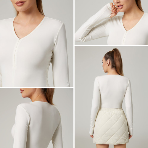 HUCAI Custom V-Neck Wool Blend Ribbed Women's Sports Long sleeved with Invisible Zipper