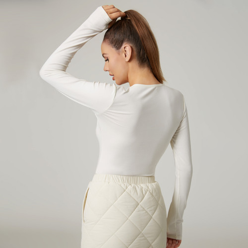 HUCAI Custom V-Neck Wool Blend Ribbed Women's Sports Long sleeved with Invisible Zipper