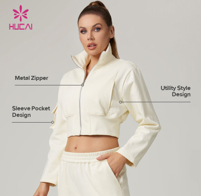 HUCAI Custom Women's Cotton Blend Sleeve Pocket Cropped Utility Sweatshirt Jacket