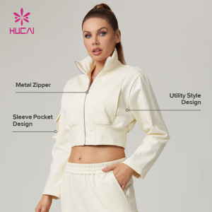 HUCAI Custom Women's Cotton Blend Sleeve Pocket Cropped Utility Sweatshirt Jacket