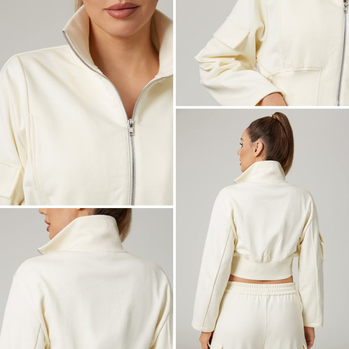 HUCAI Custom Women's Cotton Blend Sleeve Pocket Cropped Utility Sweatshirt Jacket