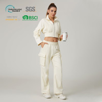 HUCAI Custom Women's Cotton Blend Sleeve Pocket Cropped Utility Sweatshirt Jacket