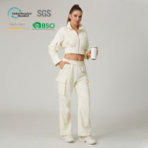 HUCAI Custom Women's Cotton Blend Sleeve Pocket Cropped Utility Sweatshirt Jacket