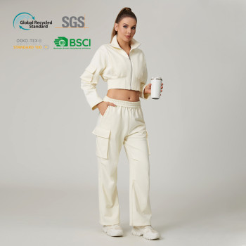 HUCAI Custom Women's Cotton Blend Sleeve Pocket Cropped Utility Sweatshirt Jacket