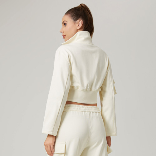 HUCAI Custom Women's Cotton Blend Sleeve Pocket Cropped Utility Sweatshirt Jacket