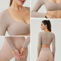 HUCAI OEM Women's Long Sleeve Yoga Crop Top with Built-In Bra and Gathered Front