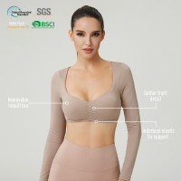 HUCAI OEM Women's Long Sleeve Yoga Crop Top with Built-In Bra and Gathered Front