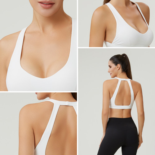 HUCAI Custom Women's Deep V-Neck Sports Bra with Open-Back Design and Medium Support