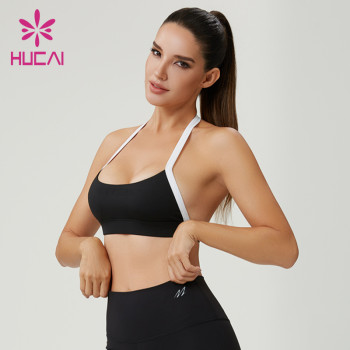 HUCAI Custom Halter Sports Bra with Color-Blocked Straps and Peach-Soft Fabric