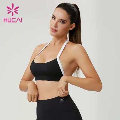 HUCAI Custom Halter Sports Bra with Color-Blocked Straps and Peach-Soft Fabric