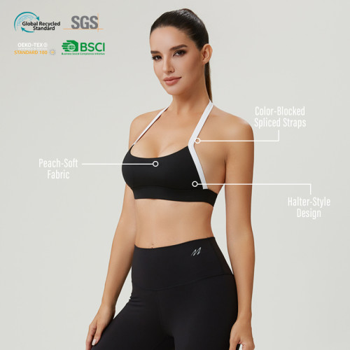 HUCAI Custom Halter Sports Bra with Color-Blocked Straps and Peach-Soft Fabric