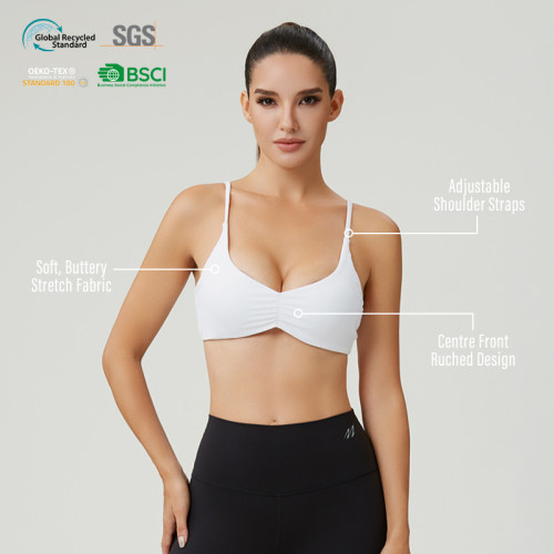 HUCAI Custom Women's Ruched Front Sports Bra with Adjustable Straps and Buttery Soft Fabric