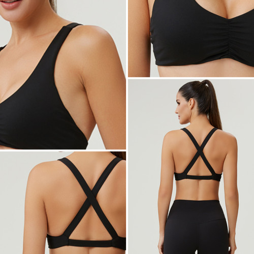 HUCAI Custom Women's Plunge Neck Sports Bra with Front Ruching and Cross-Back Straps