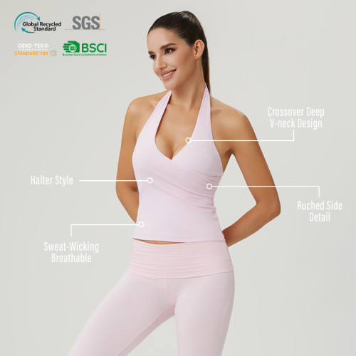 HUCAI Custom Women's Halter Yoga Tank Top with Ruched Sides and Deep V-Neck Design