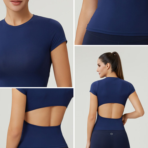 HUCAI Custom Women's Open-Back Sports T-Shirt with Skims-Like Knitted Fabric