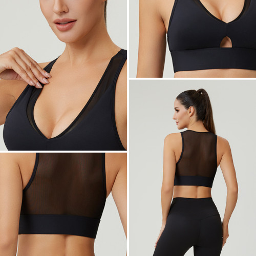 Custom Women's Mesh Panel V-Neck Sports Bra | OEM Activewear Manufacturer