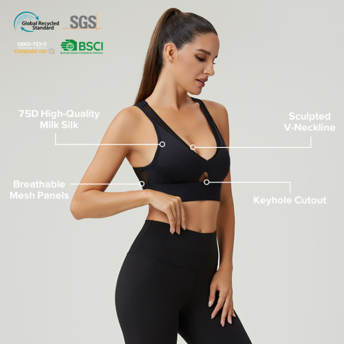Custom Women's Mesh Panel V-Neck Sports Bra | OEM Activewear Manufacturer