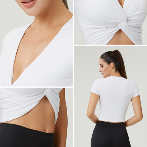 Custom Women's Twist-Front Deep V Neck Casual Short Sleeve Top | OEM Activewear Manufacturer