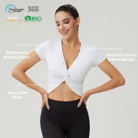 Custom Women's Twist-Front Deep V Neck Casual Short Sleeve Top | OEM Activewear Manufacturer