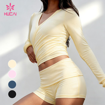 Custom Long Sleeve Wrap Top and Foldover Shorts Set for Women's Sportswear Brands