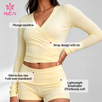 Custom Long Sleeve Wrap Top and Foldover Shorts Set for Women's Sportswear Brands