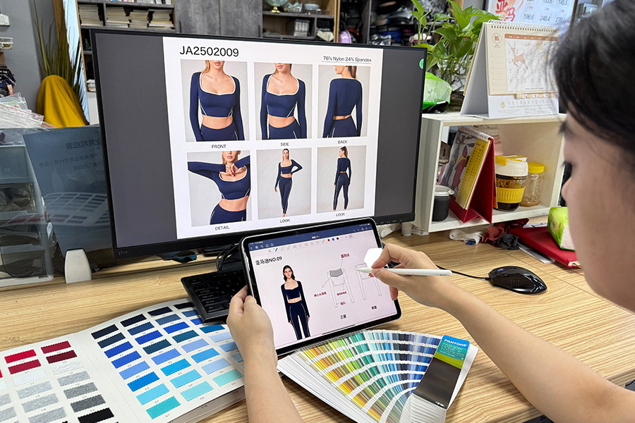Design review at HUCAI: technical flat drawings and colour references on screen