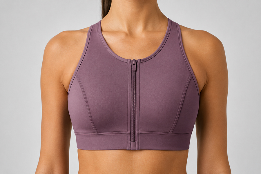 Sports bra front zipper construction detail