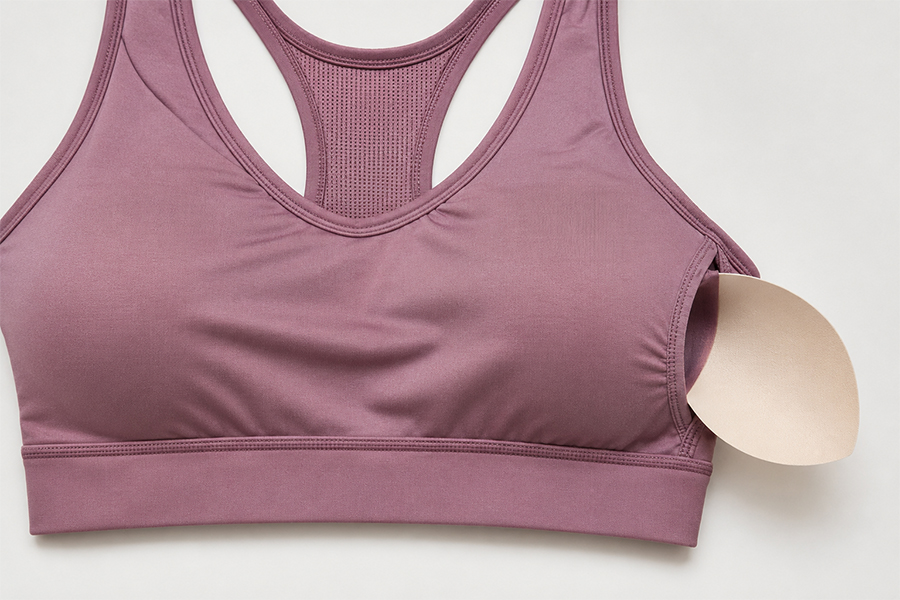 Removable padding sports bra construction