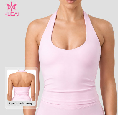 HUCAI Custom Women's Halter Yoga Tank Top with Square Neck and Open Back Design