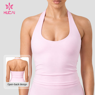 HUCAI Custom Women's Halter Yoga Tank Top with Square Neck and Open Back Design