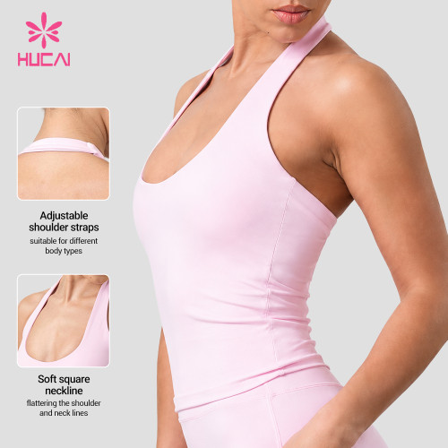HUCAI Custom Women's Halter Yoga Tank Top with Square Neck and Open Back Design