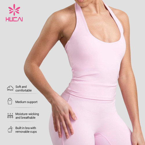 HUCAI Custom Women's Halter Yoga Tank Top with Square Neck and Open Back Design