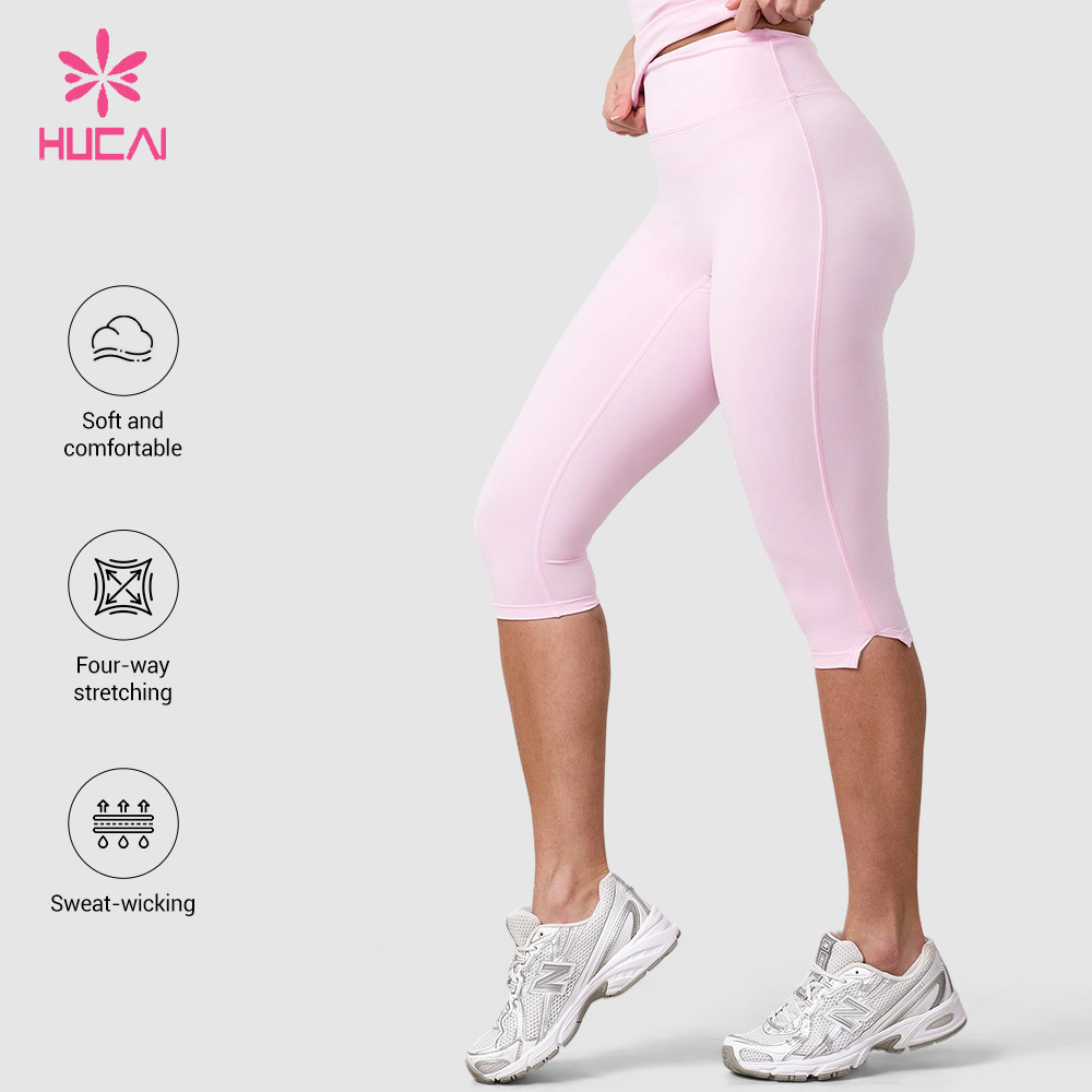 Custom soft pink calf-length capri leggings side view with wide shaping waistband