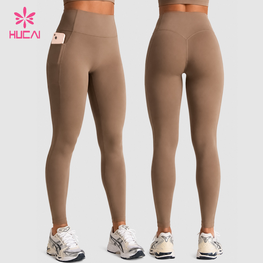 Custom caribou full-length pocket leggings front view with phone in side pocket and back view