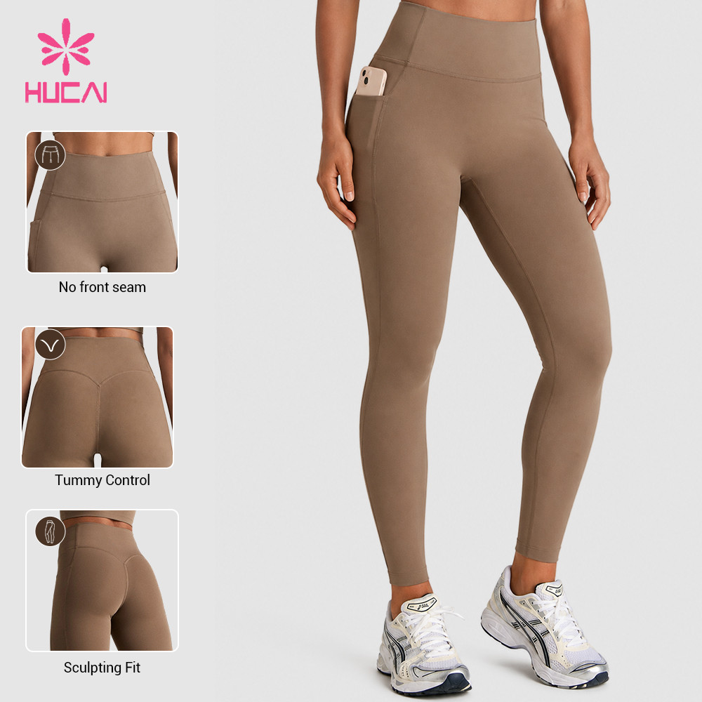 Custom high waist leggings front view with tummy control panel, no front seam and phone in pocket