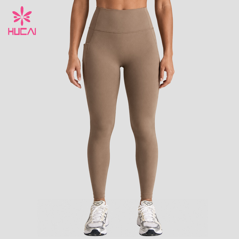 Women's mocha high-waist full-length leggings with a visible side pocket