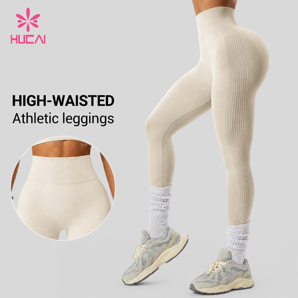 Custom cream ribbed knit leggings side view with high waistband detail inset