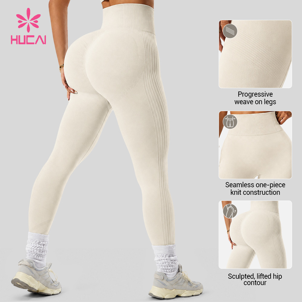 Custom knit leggings back view with progressive weave on legs, one-piece knit construction and sculpted hip contour panels