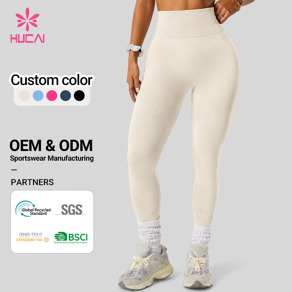 Custom cream knit leggings front view with custom colour swatches and OEM ODM service panel
