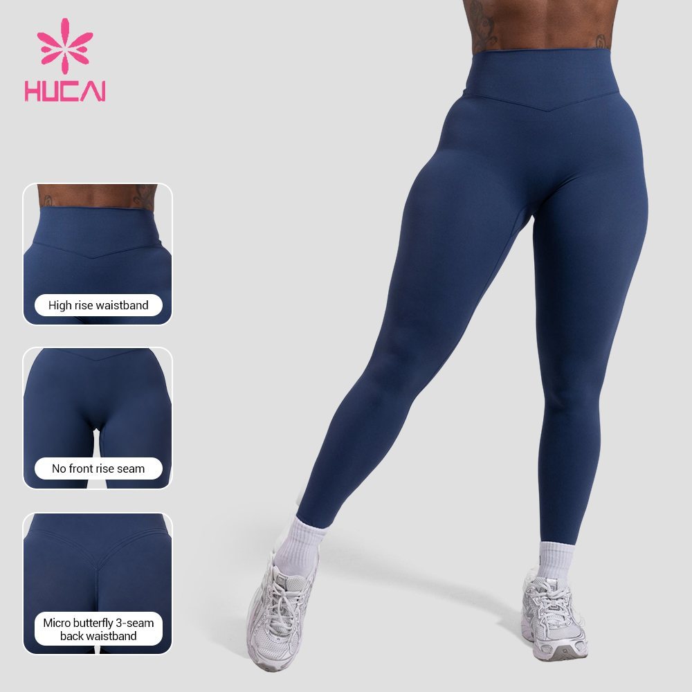 Custom leggings side view showing the high rise V-shaped front waistband seam