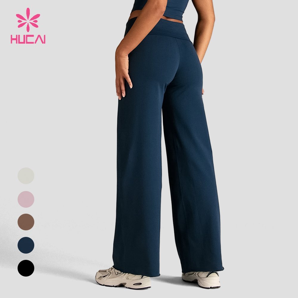 Custom wide leg lounge leggings back view showing the fold-over waistband