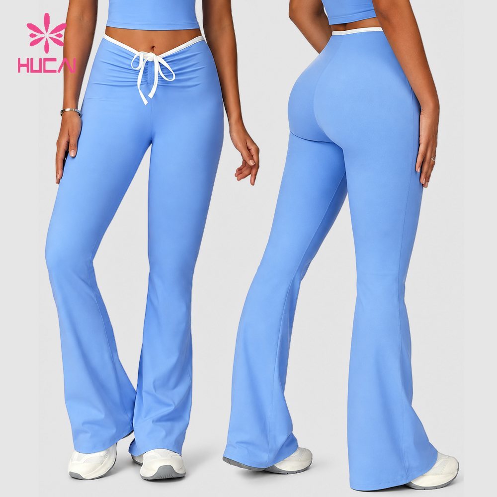 Custom flare leggings front and back views with the gathered drawstring waist