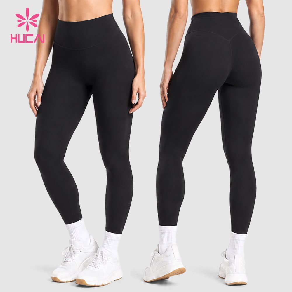 Custom training leggings front and back views showing the smooth front panel