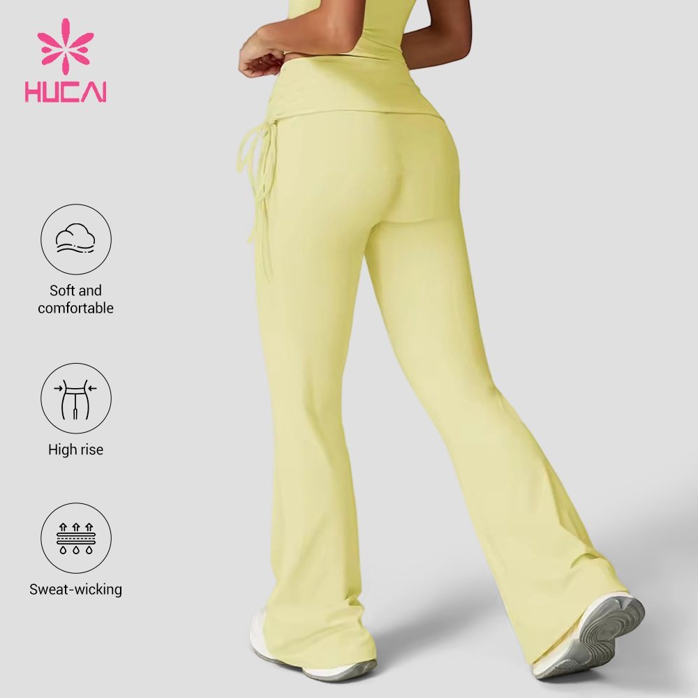 Custom flare leggings back view showing the high rise waistband and side tie