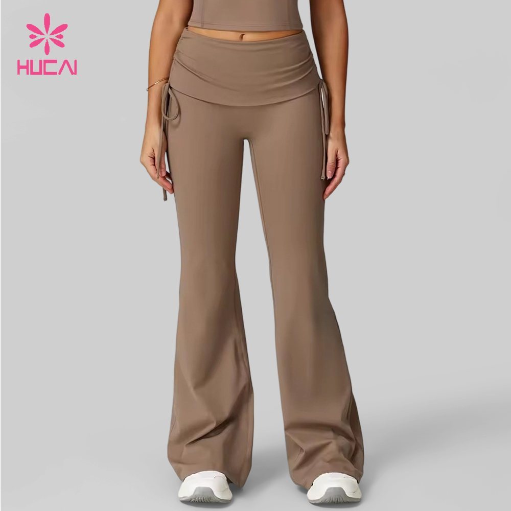 Custom brown fold over waist flare leggings front view