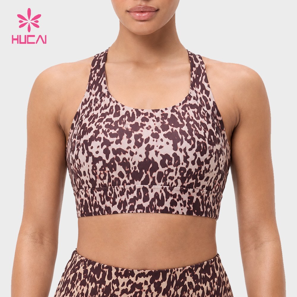 Custom printed sports bra front view in animal print with mesh back inset