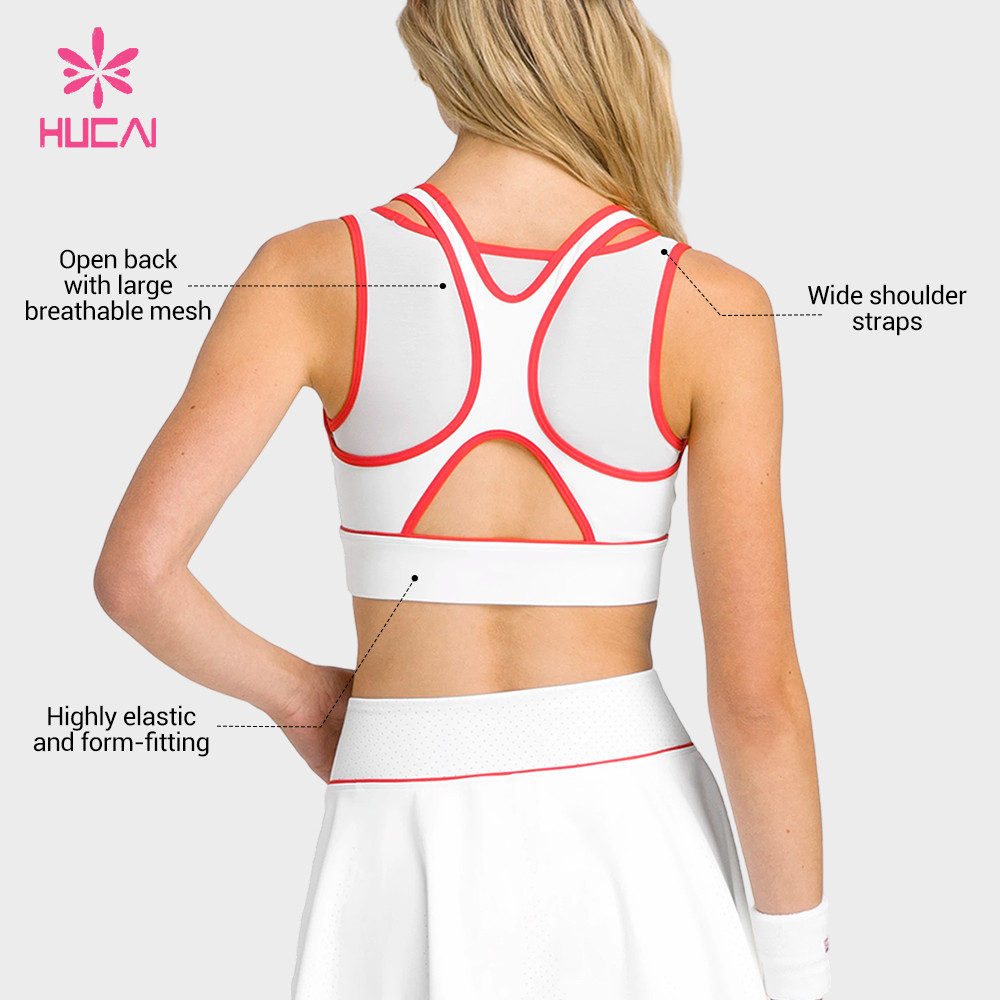 Custom sports bra side view showing the mesh back edge and underbust band